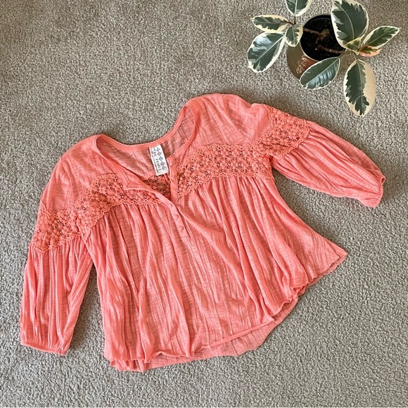 🎃Free People Boho Bright Coral Flowy Top Lace Cut Outs Small - Picture 3 of 7